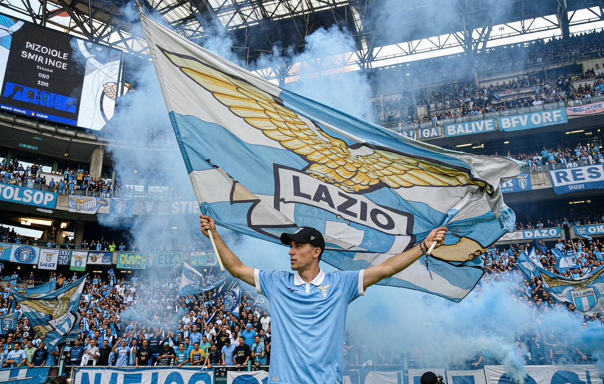 Lazio ultras fan waving an eagle flag in the Curva Nord of the Stadio Olimpico wearing the sky blue home jersey