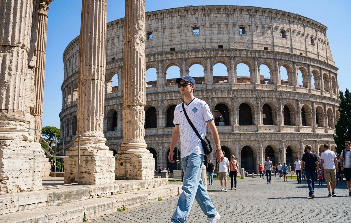 Lazio supporter wearing the away jersey walking past the Colosseum in Rome