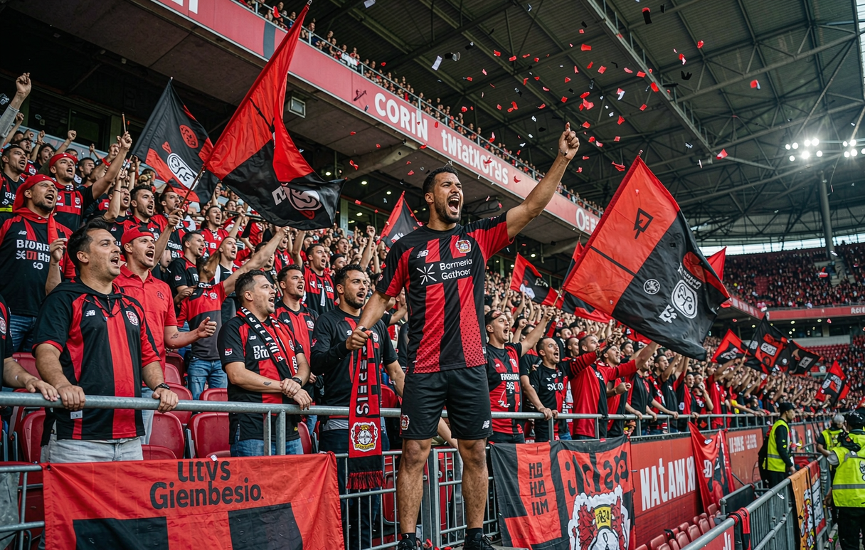 Bayer Leverkusen fan in the BayArena wearing the 2026-27 red and black home shirt