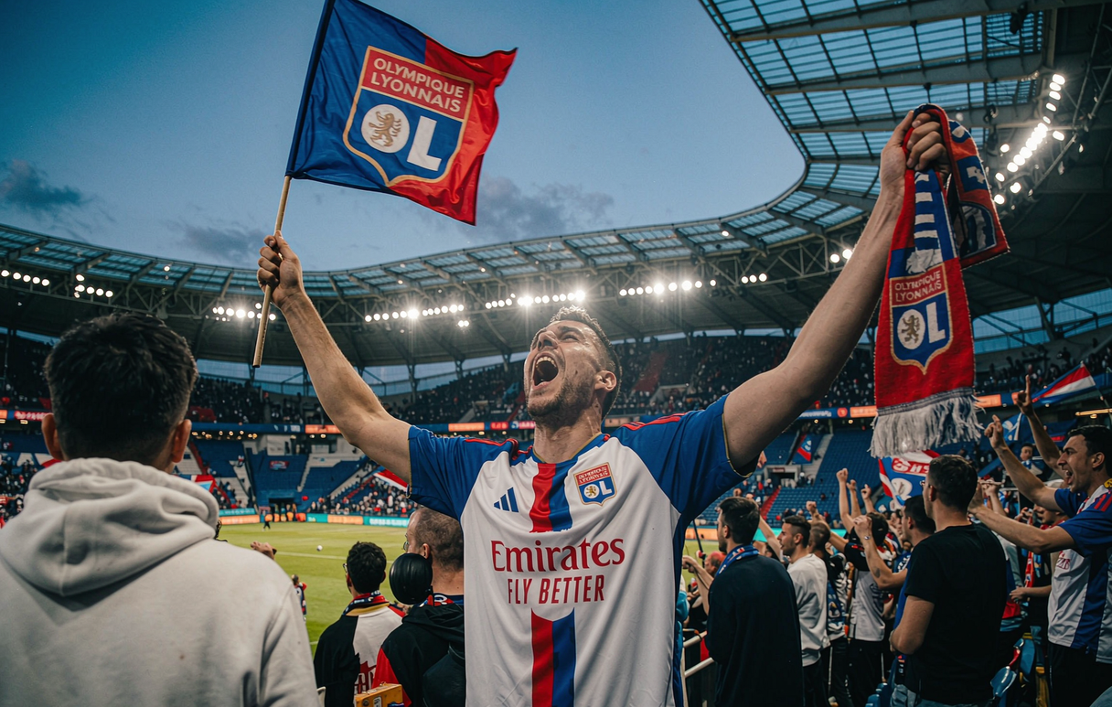 Olympique Lyon fan celebrating in the Groupama Stadium stands wearing the white home jersey