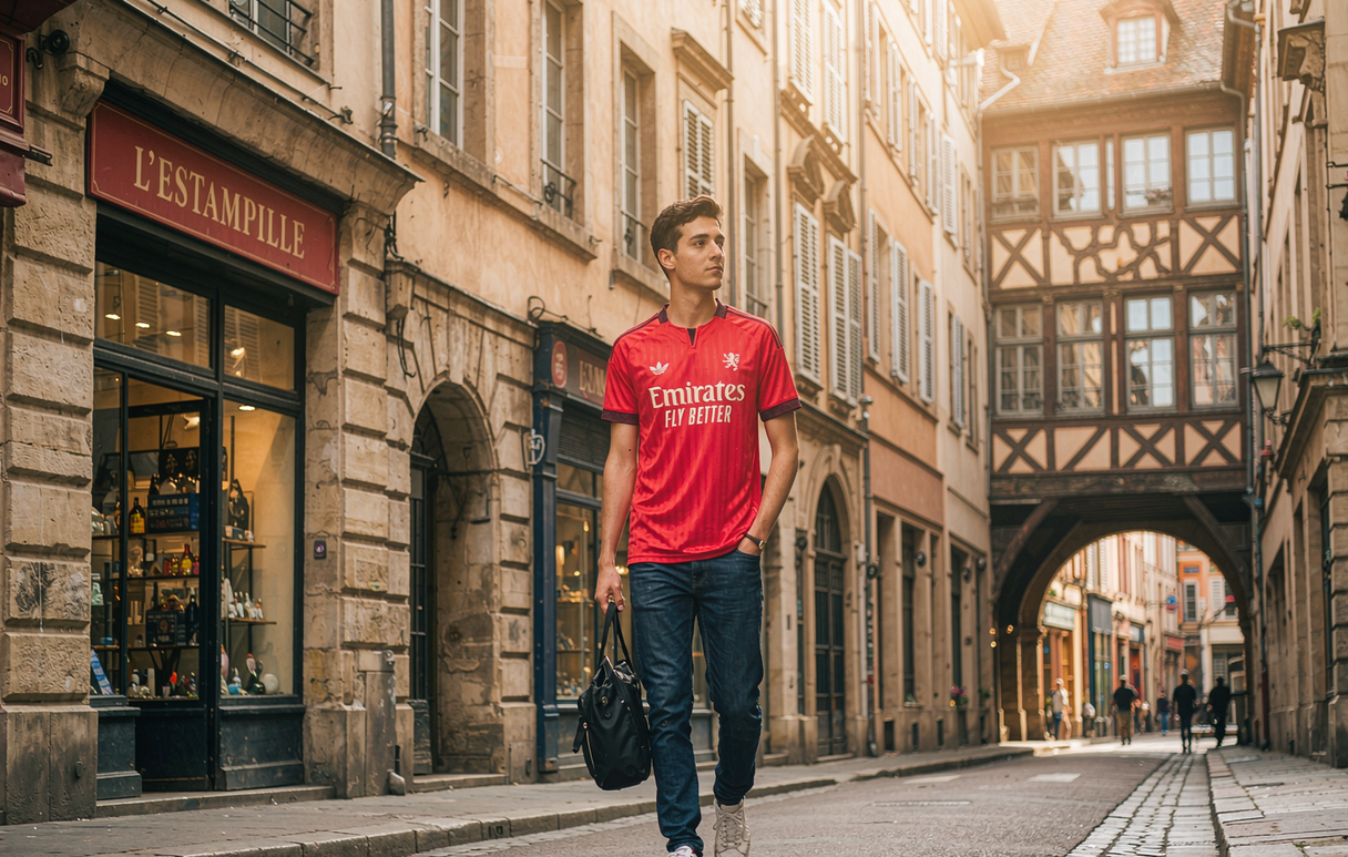 Lyon supporter strolling through the Renaissance old town of Lyon wearing the 2026-27 away jersey