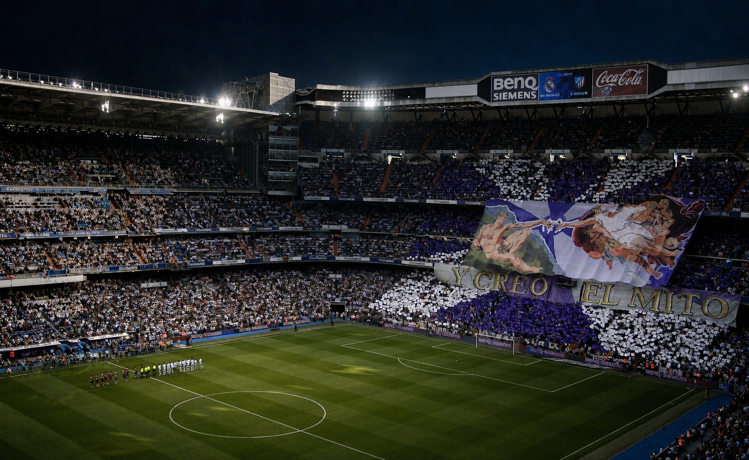 Santiago Bernabéu match atmosphere under floodlights