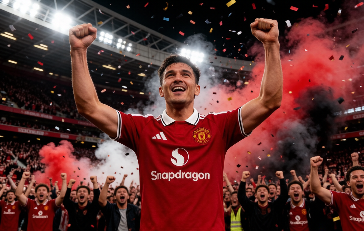 Manchester United fan celebrating in the Stretford End wearing the 2026-27 retro home shirt