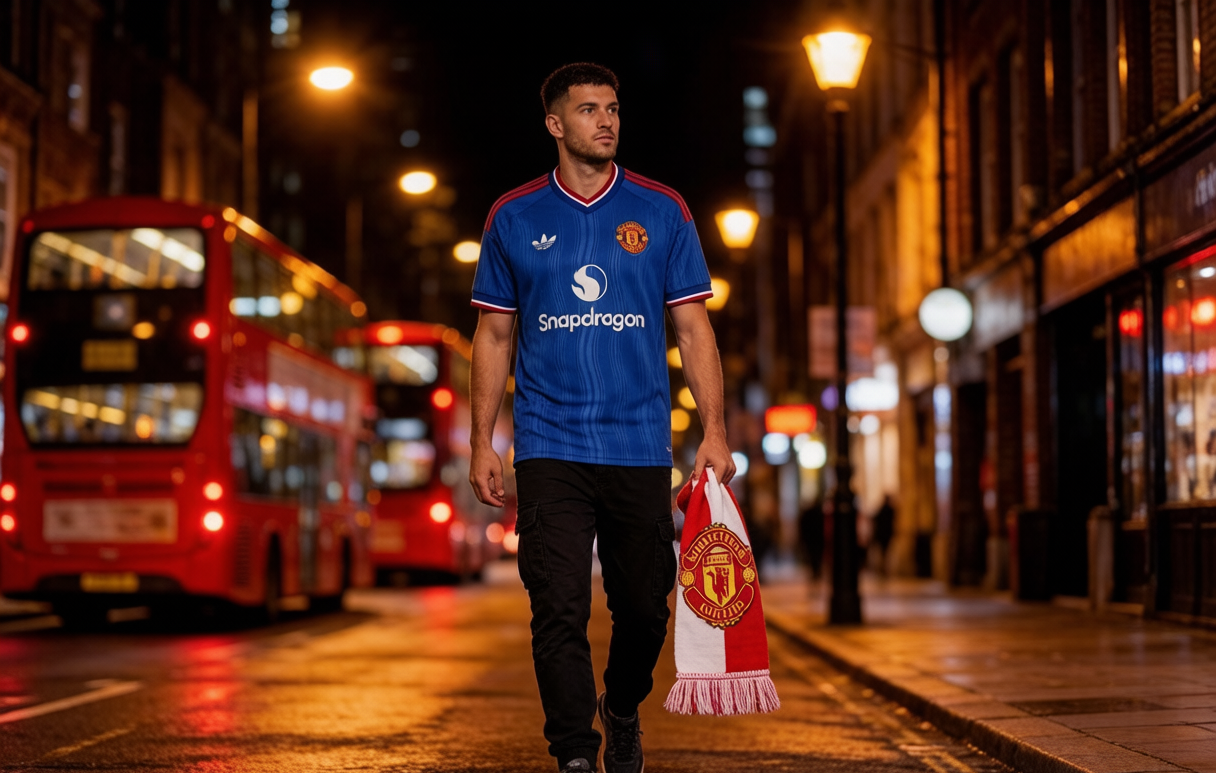 Manchester United 2026-27 away shirt on a Manchester city night street with red bus bokeh