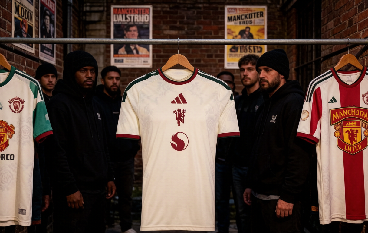 Manchester United 2026-27 third shirt with Lancaster rose print at a Salford Lads Club style courtyard