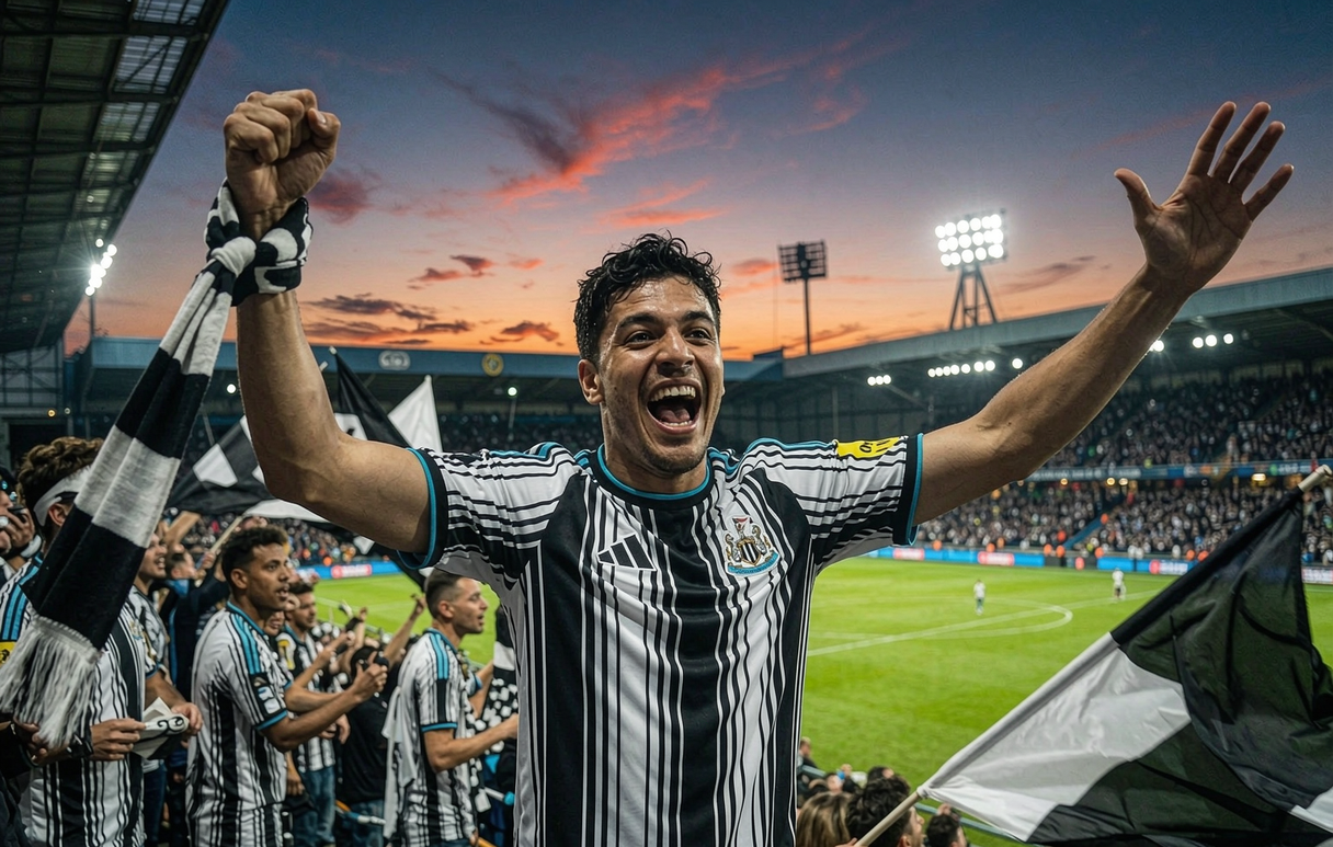 Newcastle United fan celebrating outside St James' Park wearing the 2026-27 black and white striped home shirt