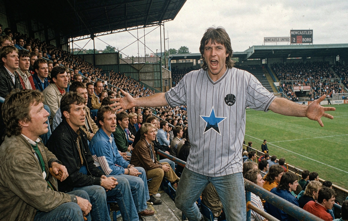 Vintage 1984 Newcastle United away shirt with Kevin Keegan 7 print in a retro 1980s stadium crowd