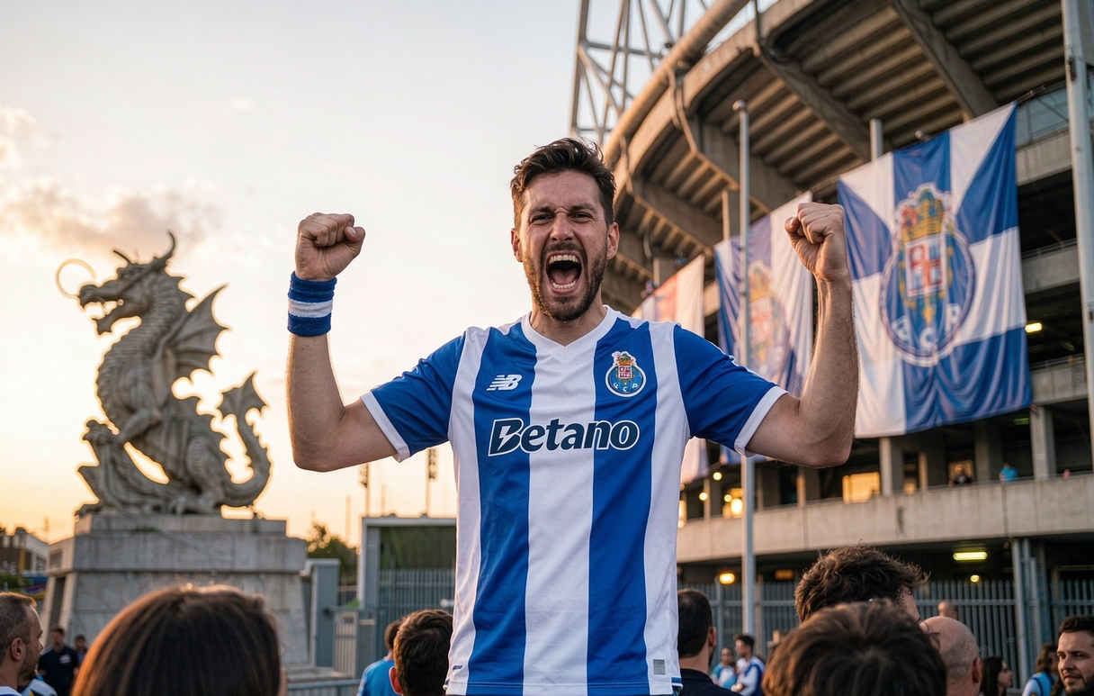 FC Porto fan in the blue and white striped home jersey outside the Estadio do Dragao with the dragon statue