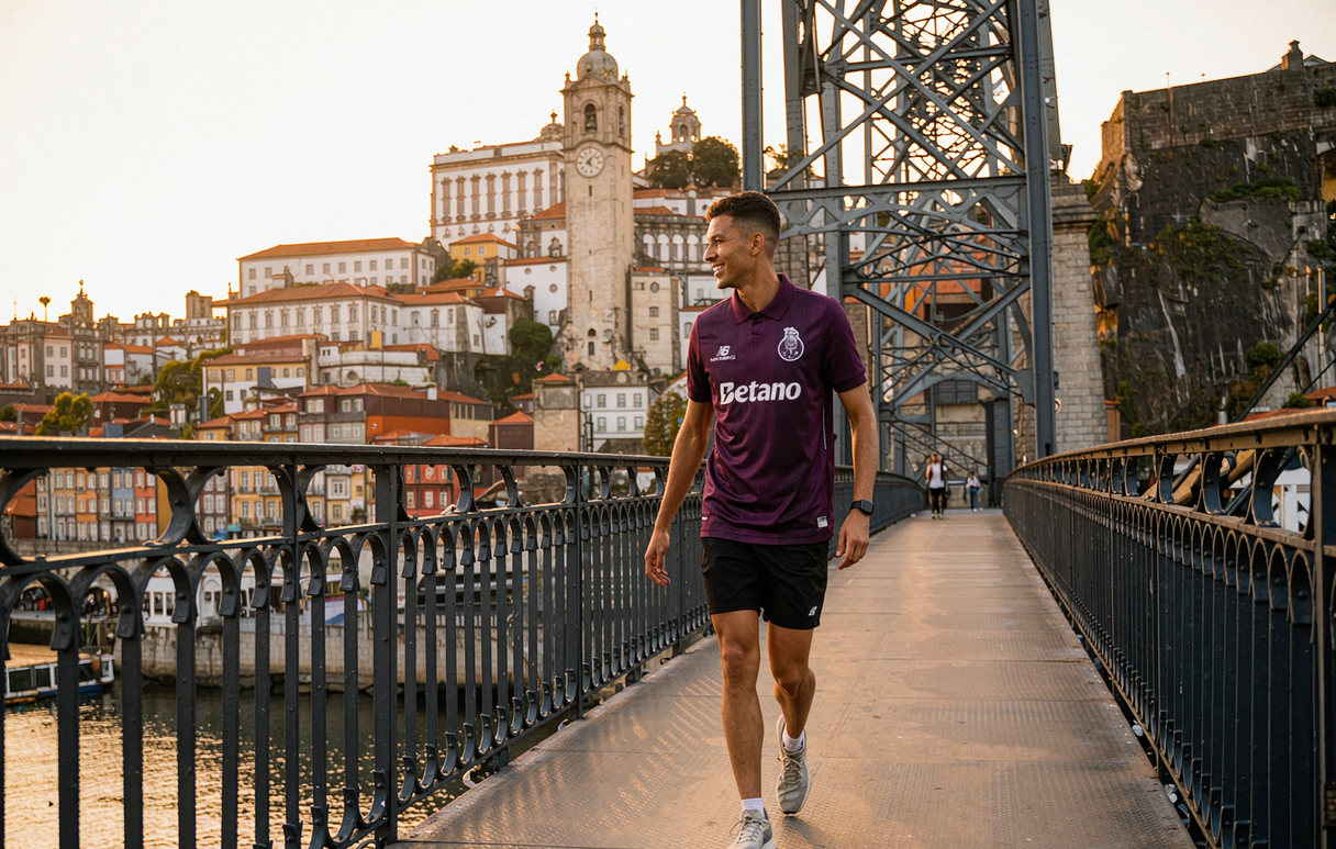 Porto supporter wearing the away jersey on the Dom Luis I bridge over the Douro river at sunset