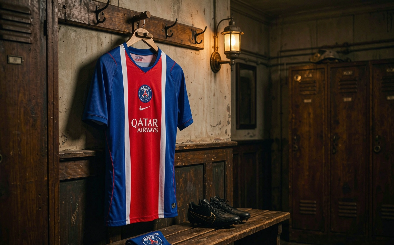 PSG home jersey under Parc des Princes floodlights