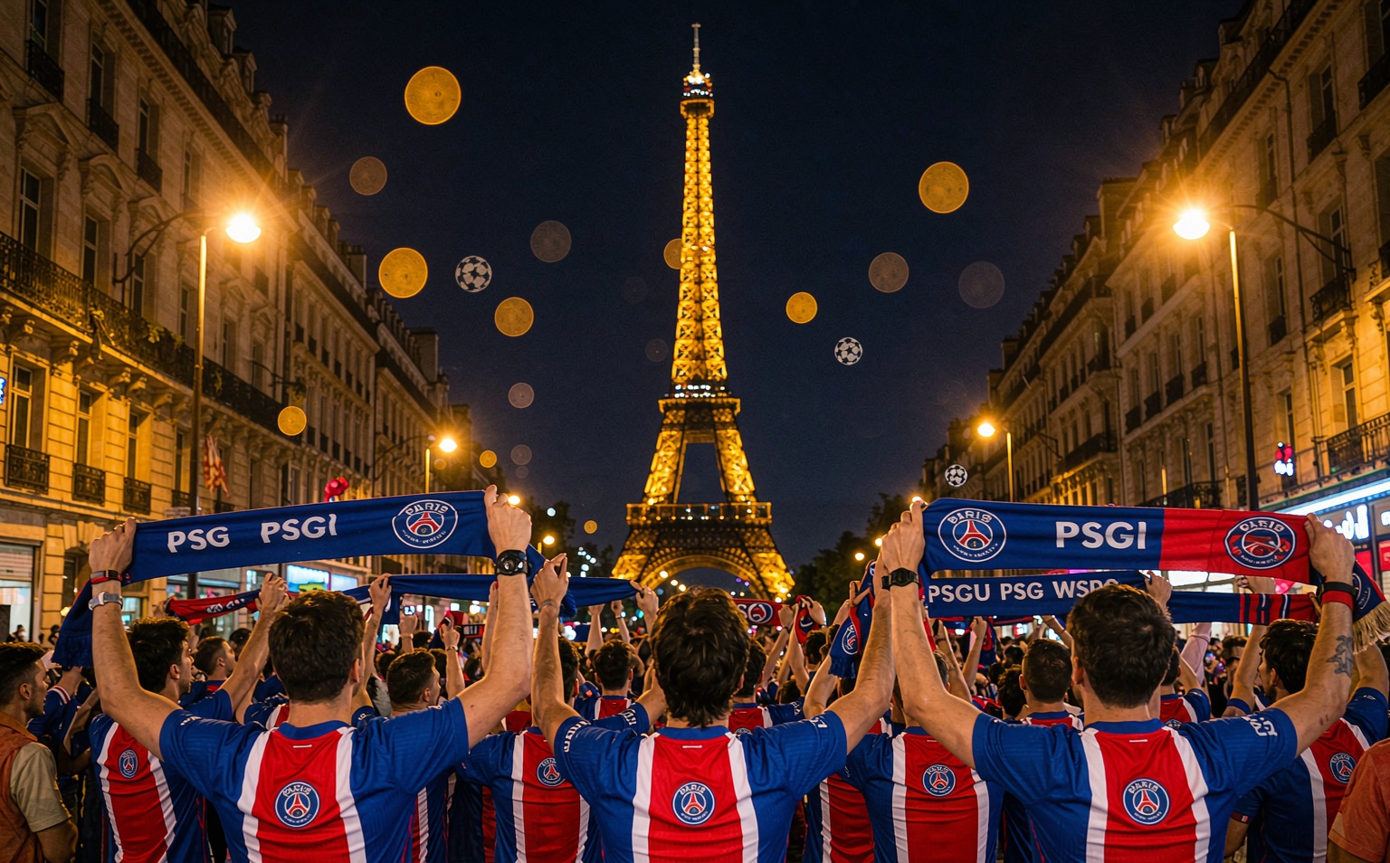 PSG fans celebrating on a Paris night street with the Eiffel Tower behind