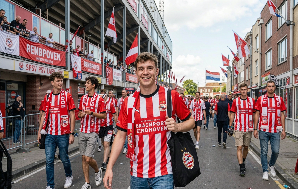 PSV Eindhoven fan wearing the red and white striped home jersey on a matchday street outside Philips Stadion