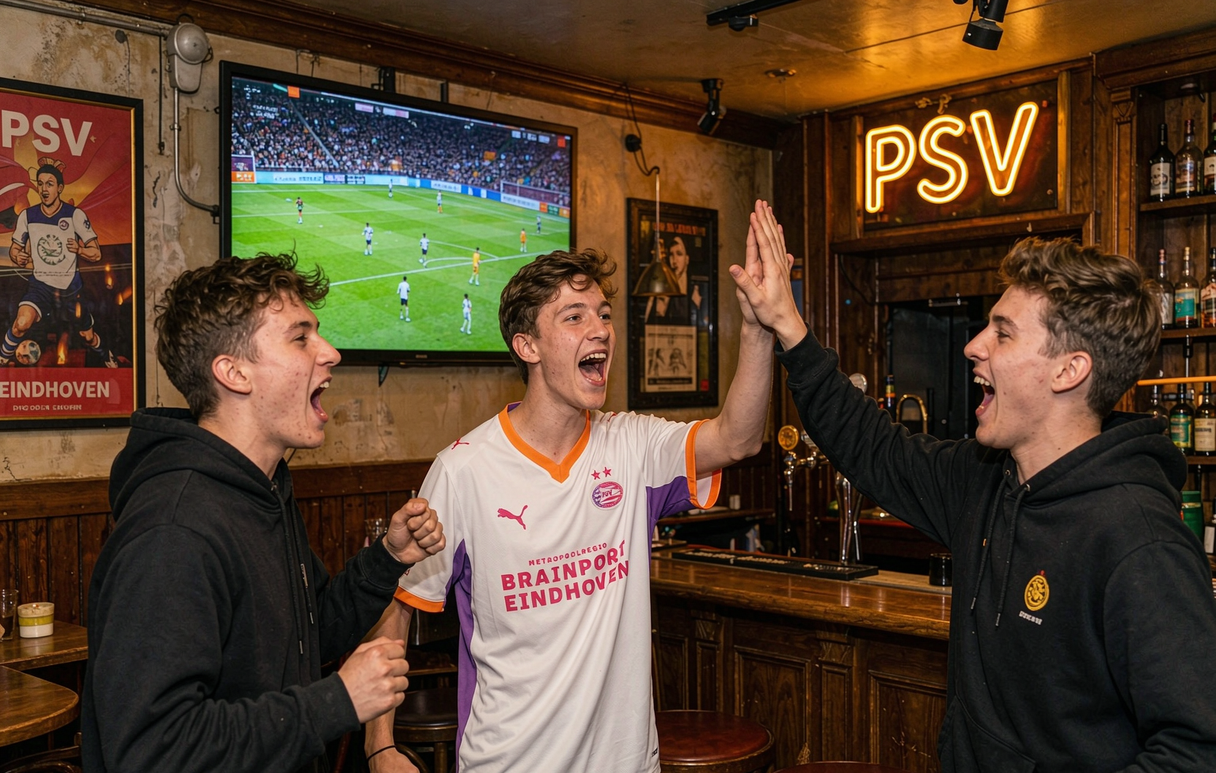 Young PSV supporters watching the match in an Eindhoven sports bar wearing the away jersey