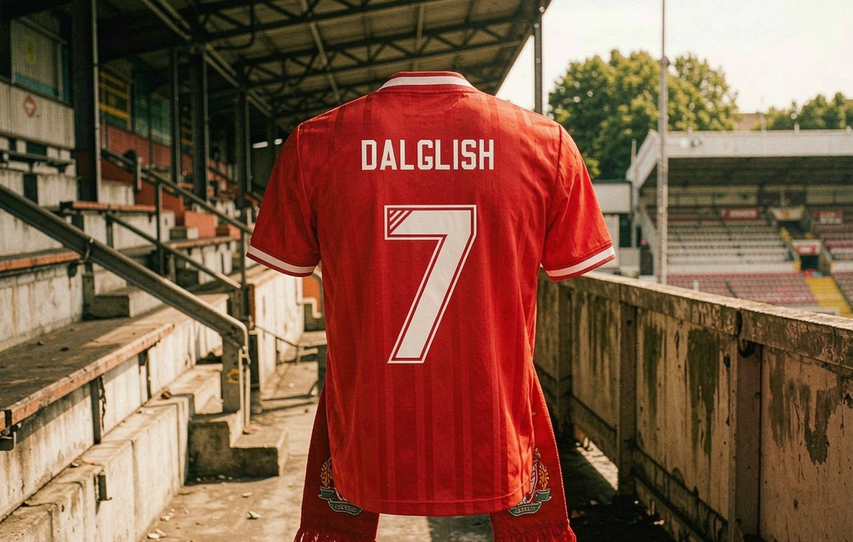 Liverpool 1988-89 Candy retro home shirt with Dalglish 7 print on a Kop terrace