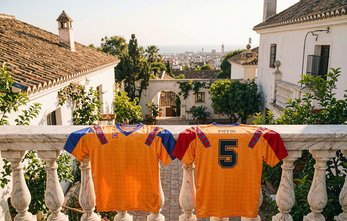 Meyba 1992 Barcelona reissue away shirt with Puyol 5 print on a Mediterranean terrace