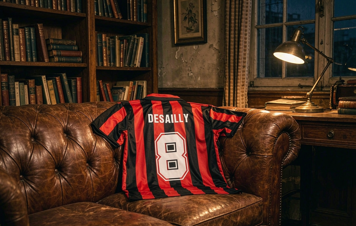 AC Milan 1988 retro football shirt with Desailly 8 print on a vintage leather sofa