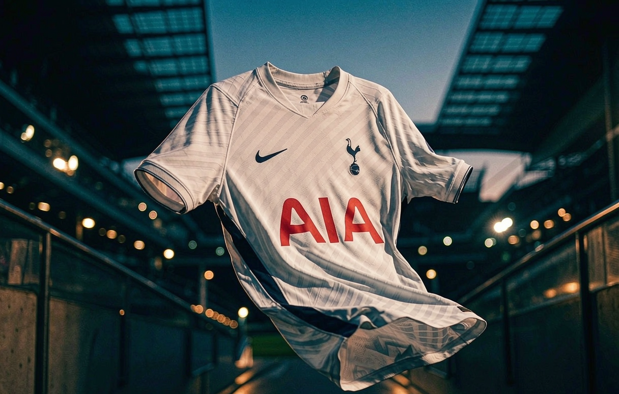 Tottenham 2026-27 authentic home shirt with Tonali 16 print in a glowing stadium tunnel