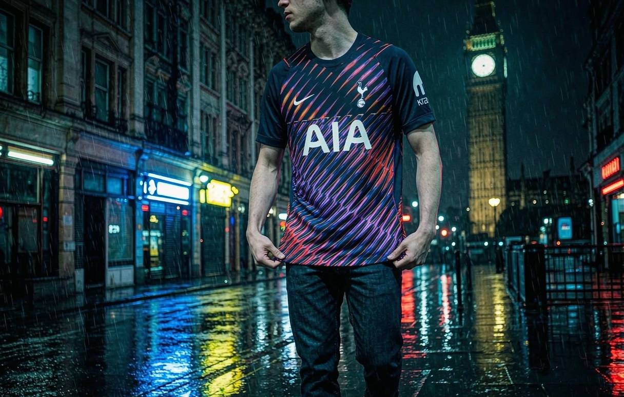 Tottenham 2026-27 neon away shirt on a rainy London street at night