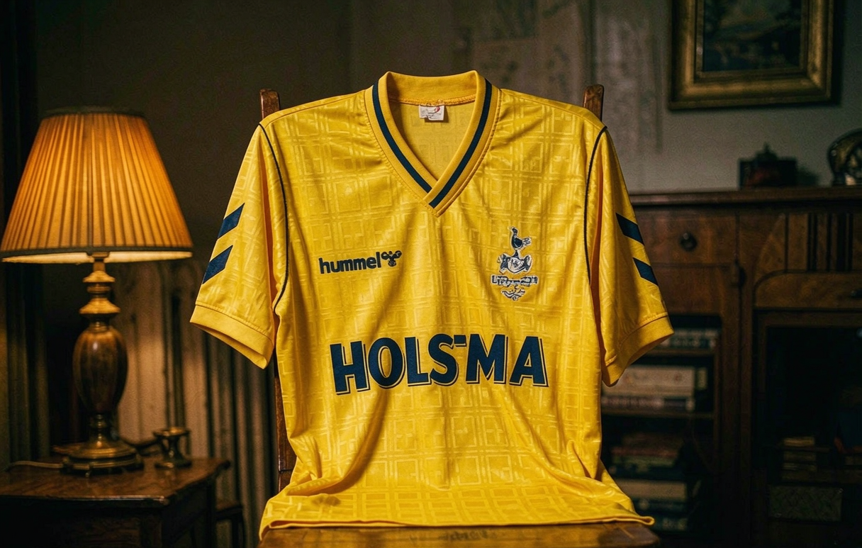 1988 Tottenham Hummel retro away shirt with Klinsmann 18 print in a vintage room