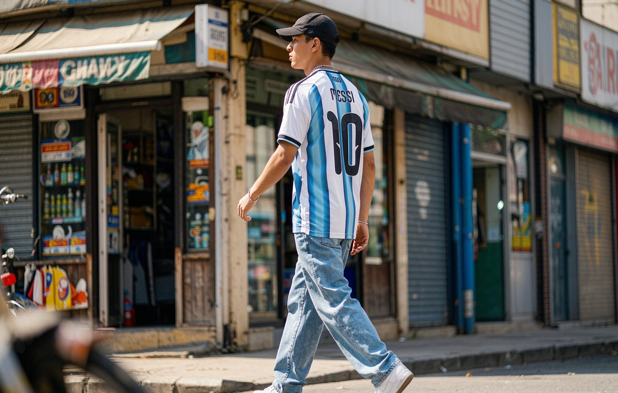 Argentina World Cup 2026 Messi 10 shirt styled with baggy jeans and white sneakers in a city street