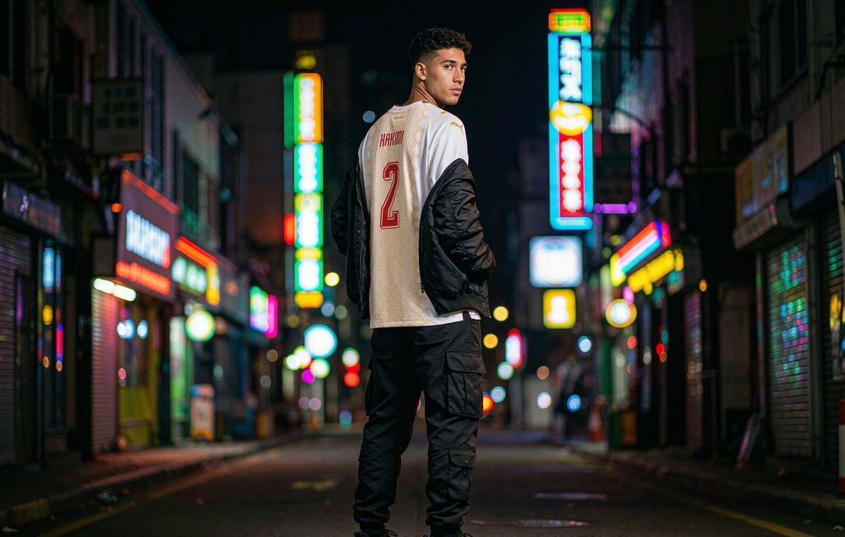 Morocco 2026-27 away Hakimi 2 black shirt layered under a bomber jacket with neon city lights