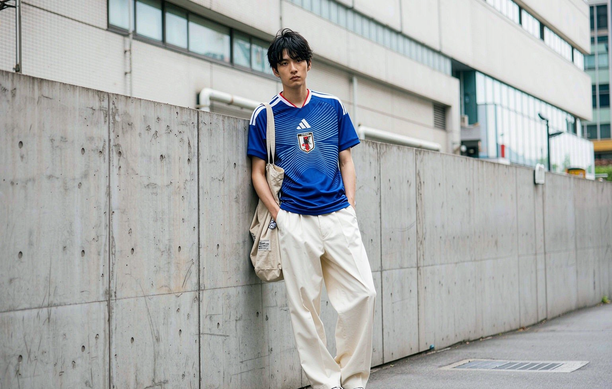 Japan World Cup 2026 home shirt in oversized fit with cream wide-leg trousers and retro sneakers