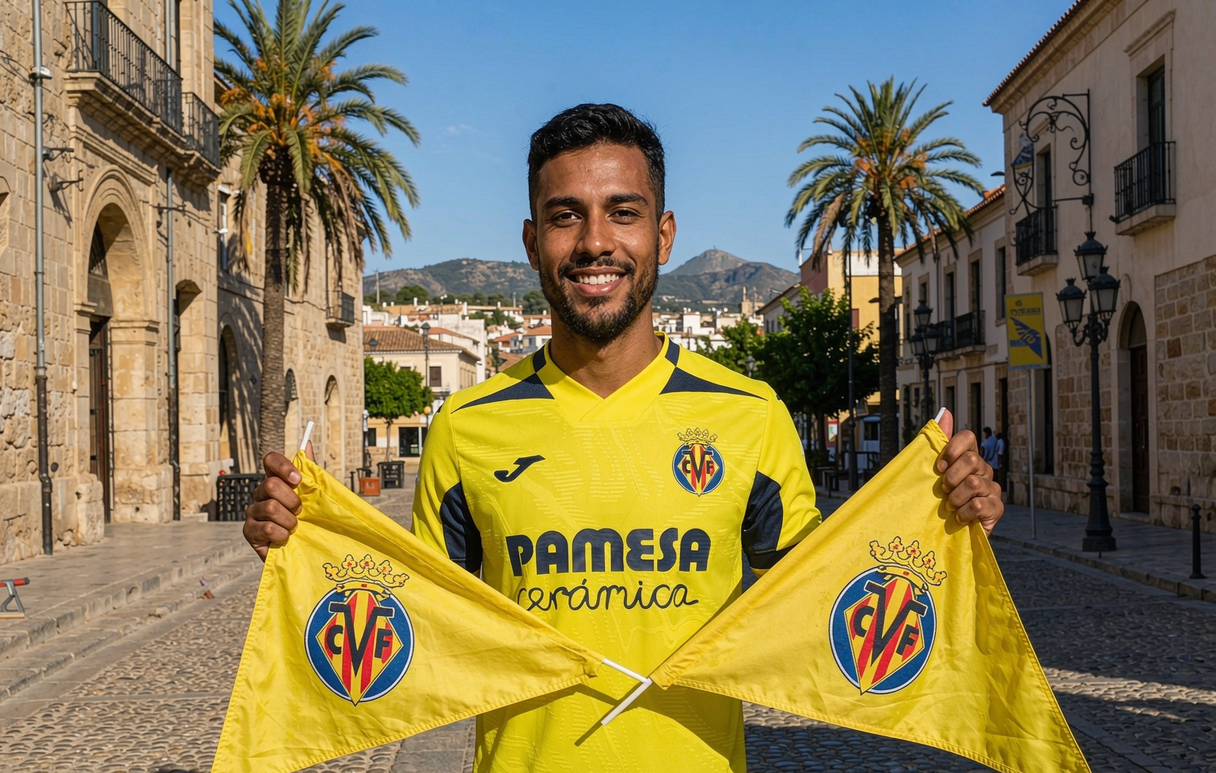 Villarreal fan wearing the bright yellow home jersey in a sunny plaza in Vila-real