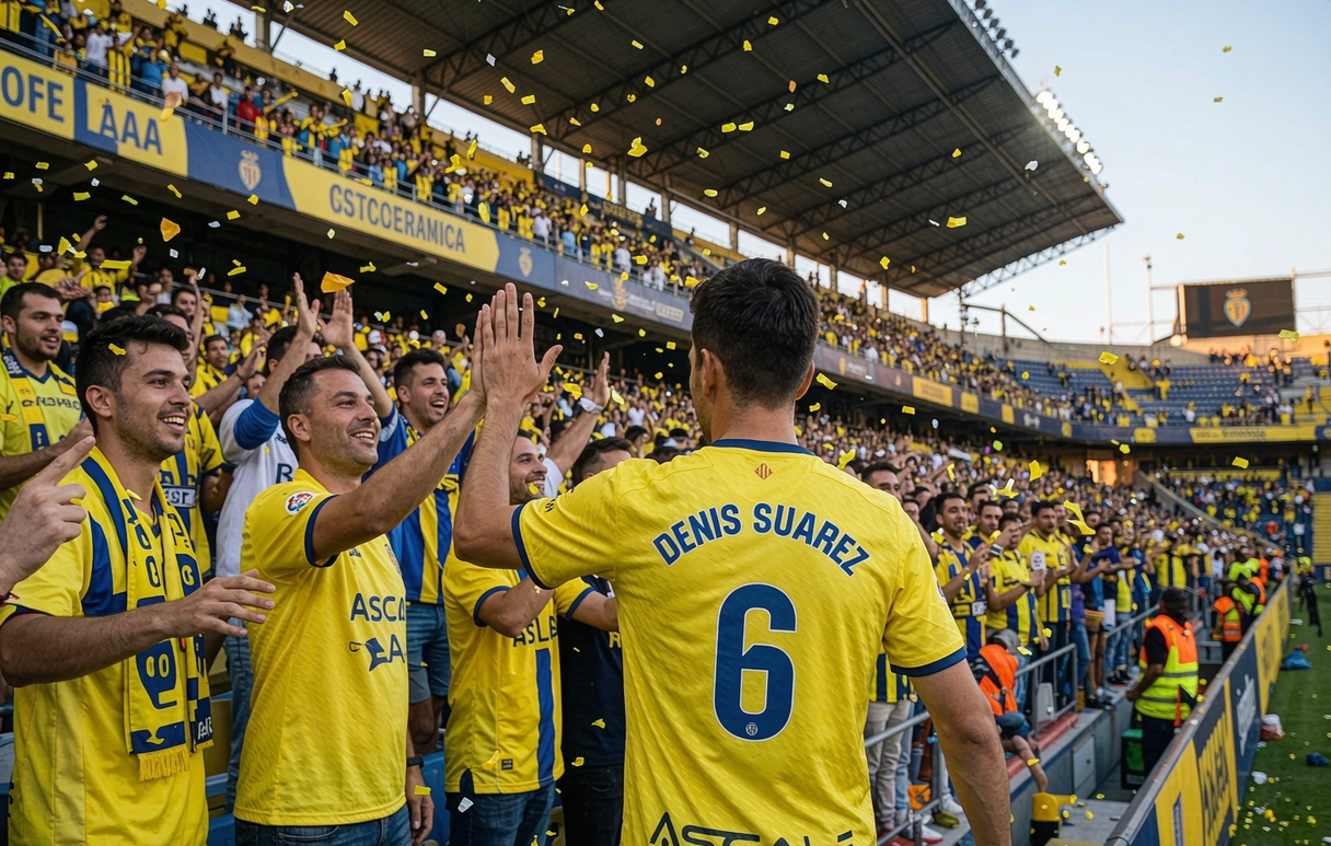 Villarreal supporter with the Denis Suarez 6 home shirt celebrating in the Estadio de la Ceramica stands