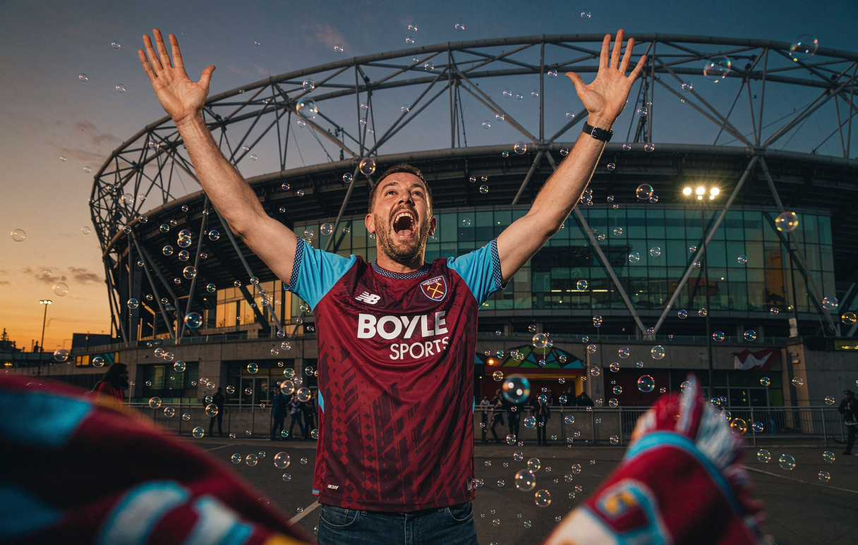 West Ham fan in the London Stadium stands wearing the 2026-27 claret and blue home shirt