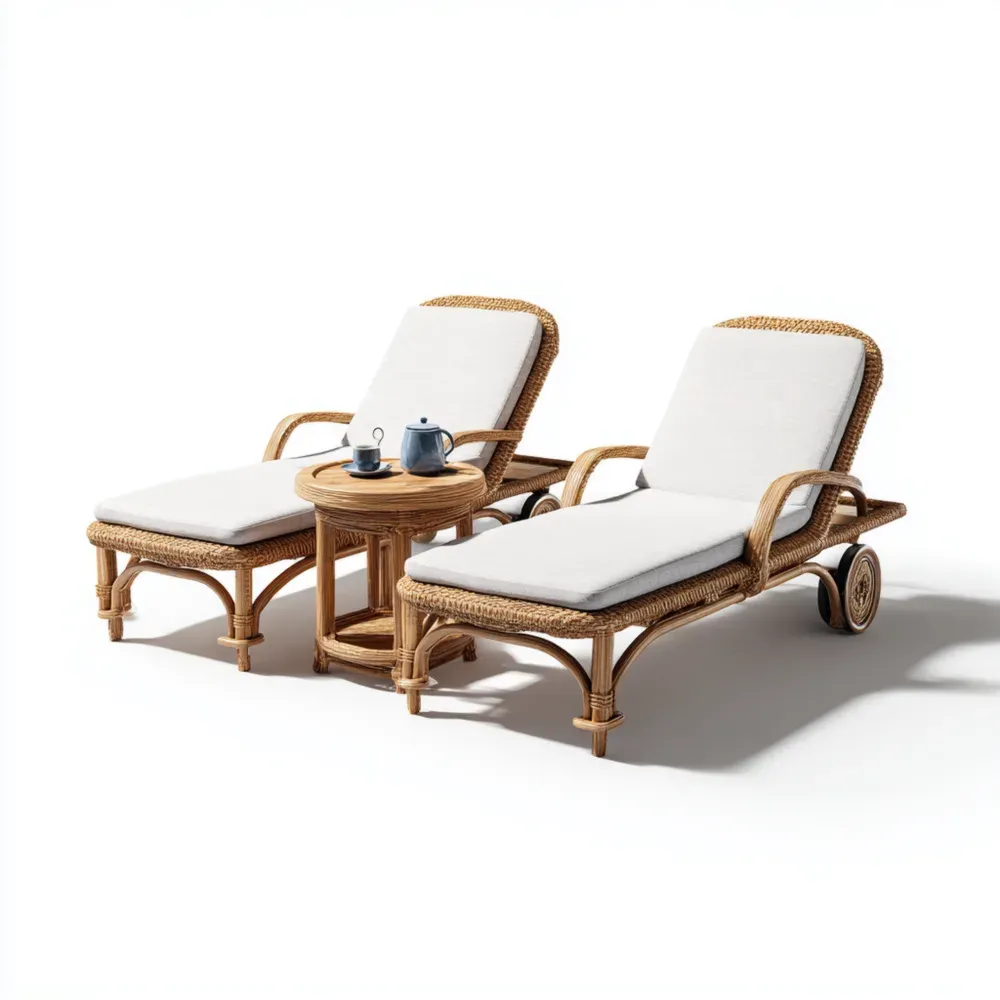 Tumbonas de jardín de mimbre 200x65x40 cm con mesa auxiliar - Beige