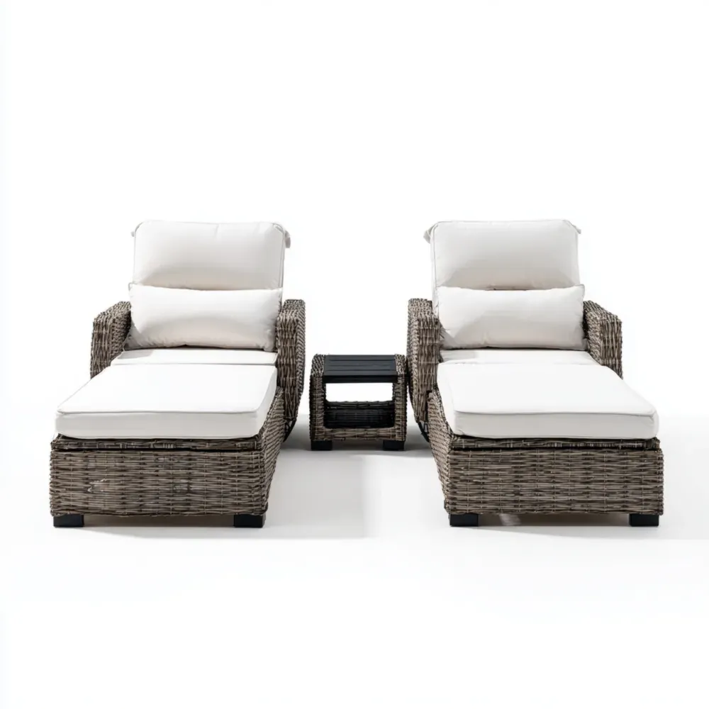 Conjunto de Tumbonas de Ratán 195x65x40 cm con Cojines Blancos – Estilo Moderno para Exterior