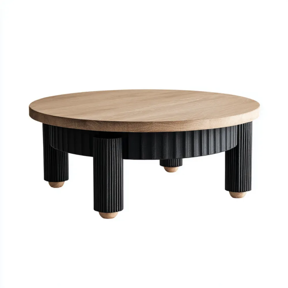 Mesa de centro redonda 90x90x40 cm - Negro y Natural - Diseño Contemporáneo