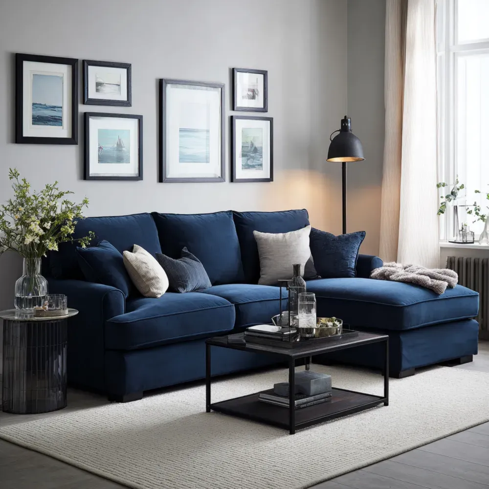 Sofá seccional tapizado en tela 280x150x85 cm - Azul Marino - Estilo contemporáneo