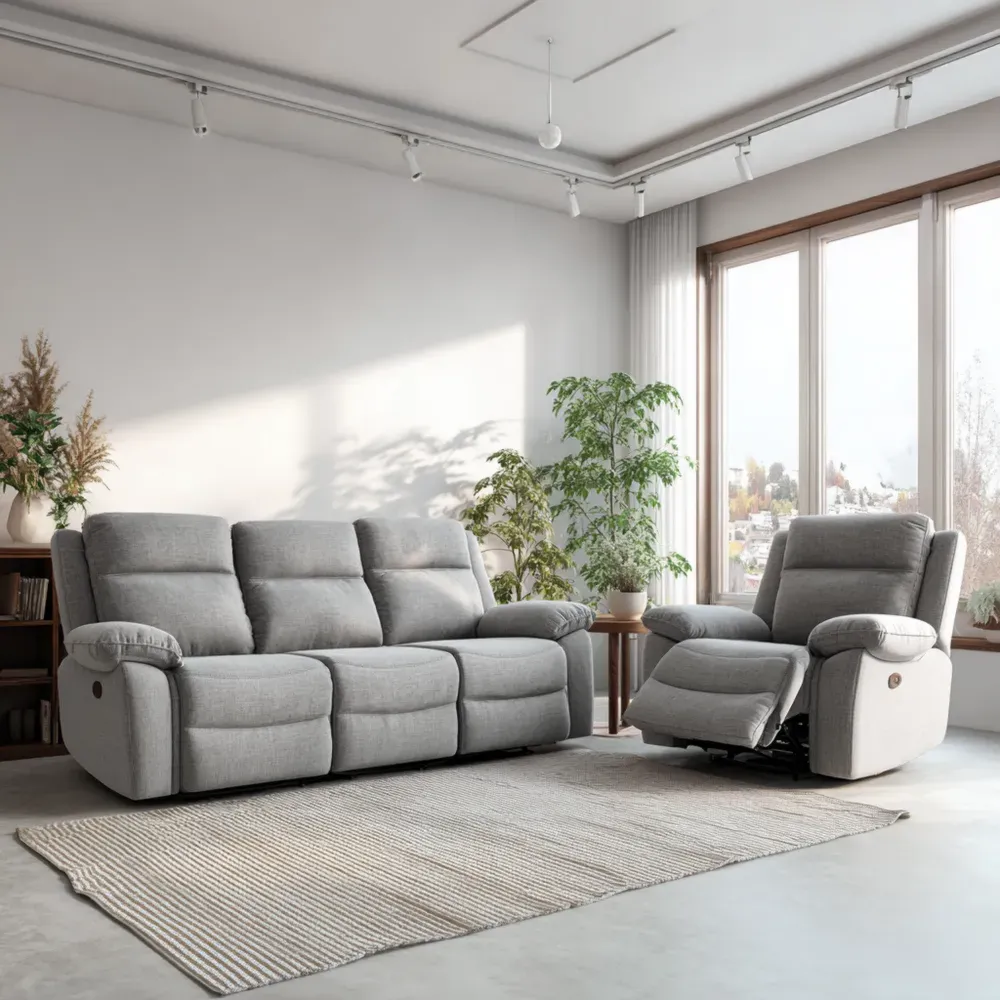 Conjunto de Sofás Reclinables Tela Gris 200x95x100 cm - Diseño Contemporáneo