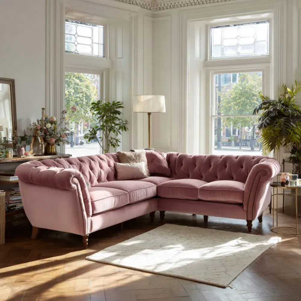 Sofá Seccional Terciopelo 300x200x85 cm - Rosa - Diseño Clásico