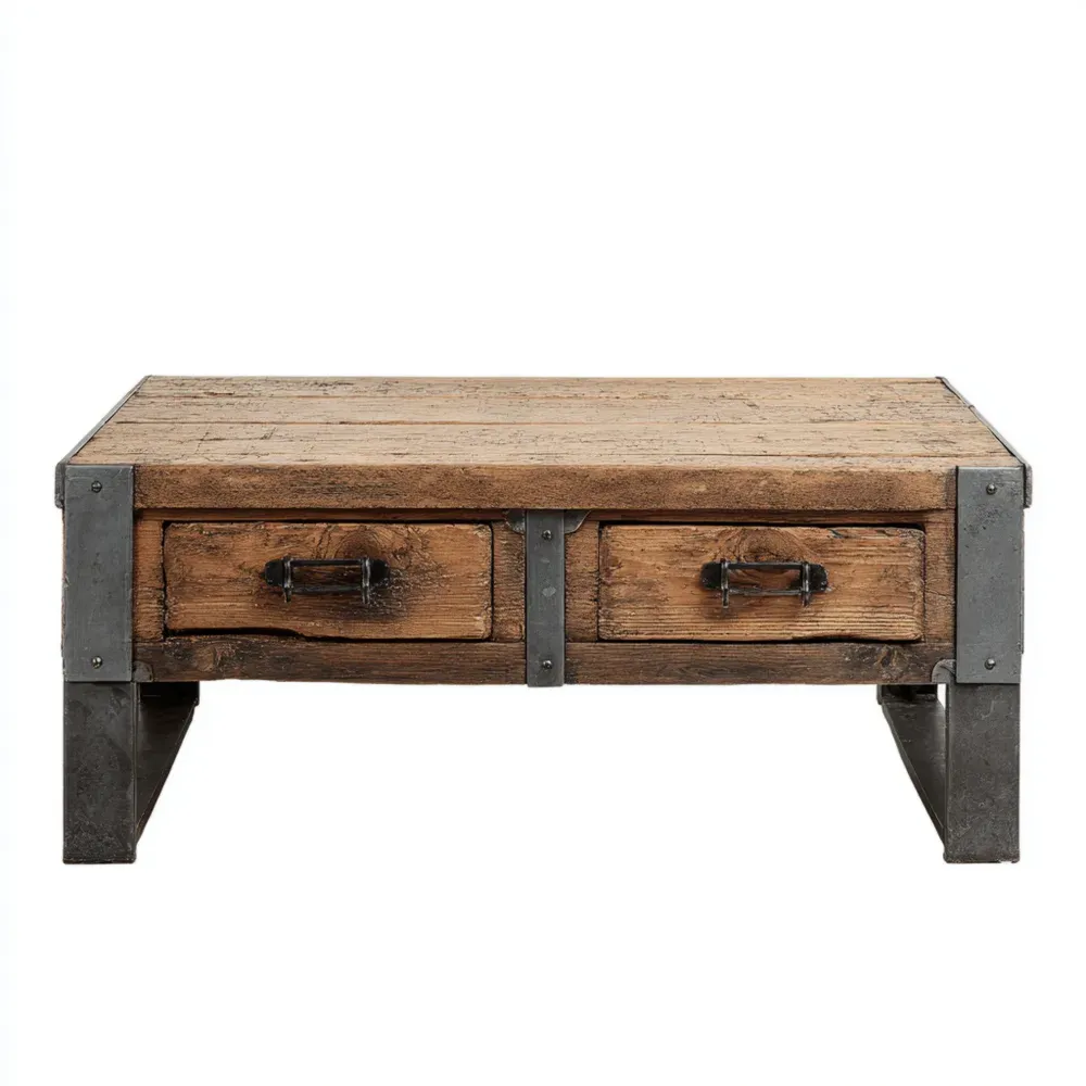 Mesa de café madera reciclada y metal 100x60x40 cm - Marrón/Metal - Estilo industrial