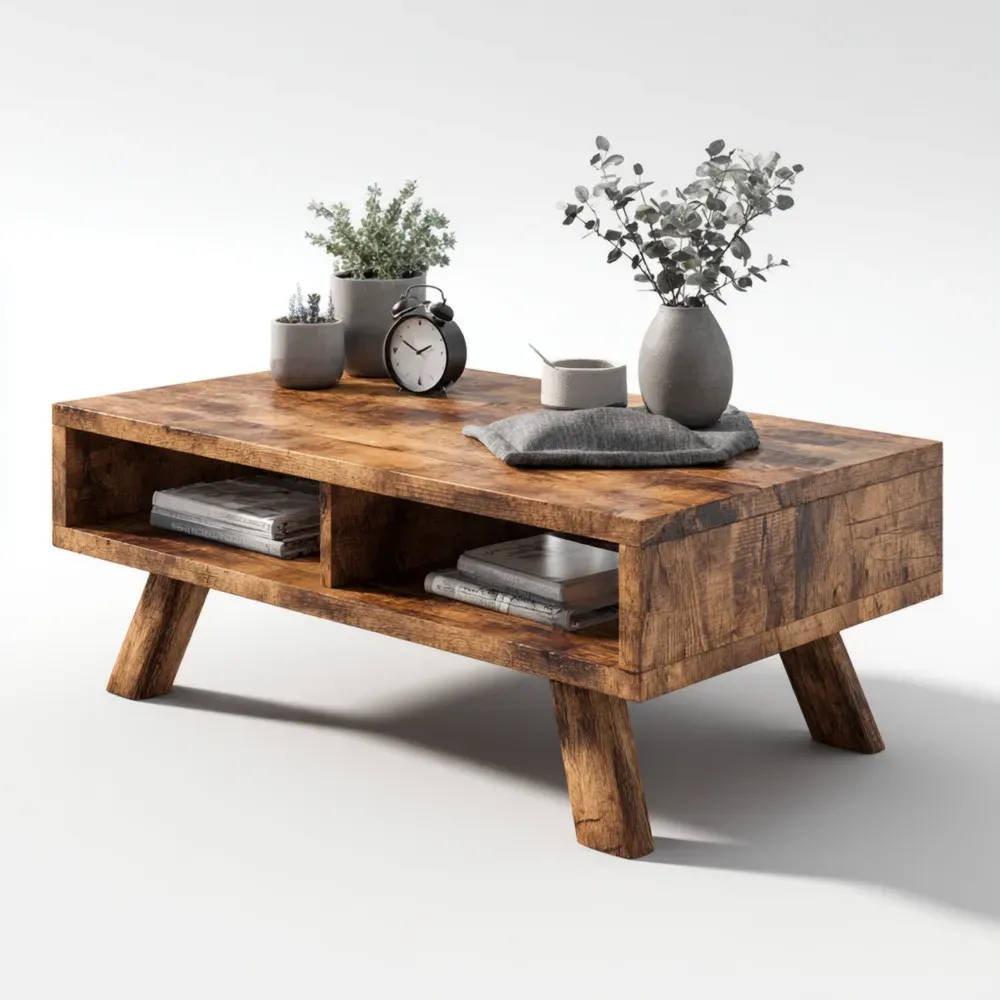 Mesa de café de madera rústica - Marrón - 110x60x45 cm - Estilo vintage