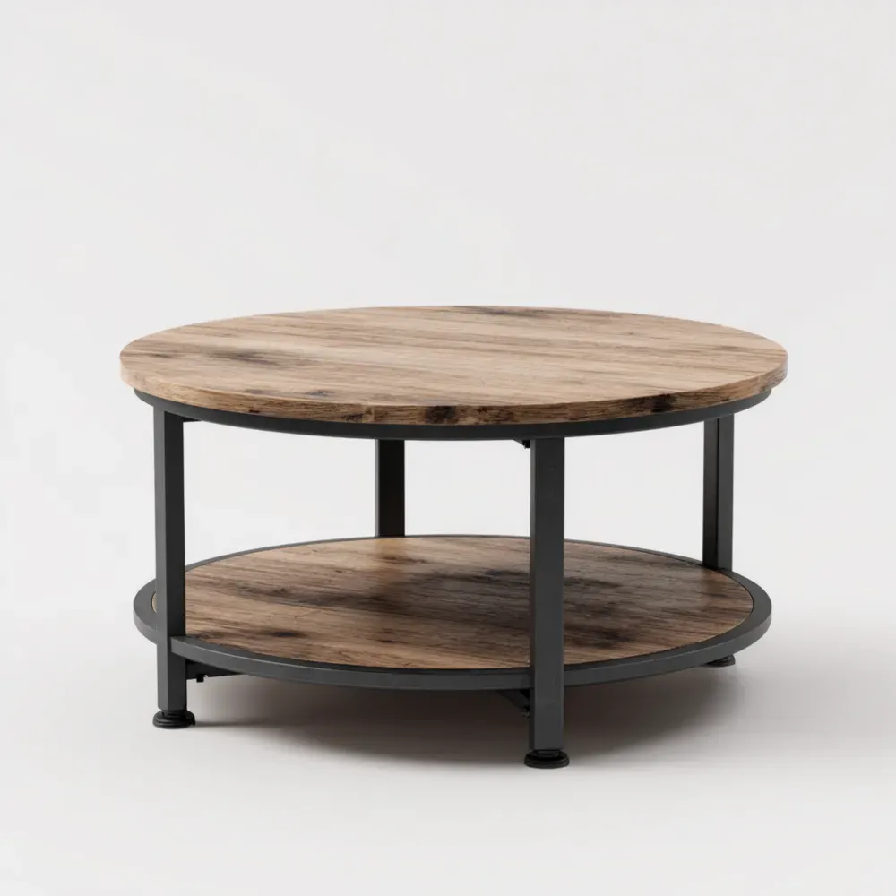 Mesa de Café Redonda de Madera y Metal 80x80x40 cm - Marrón Oscuro