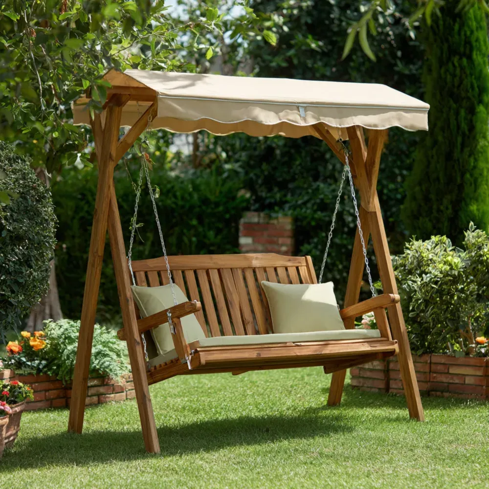 Columpio de Jardín Madera con Asiento Beige – 150x120x170 cm – Diseño Clásico