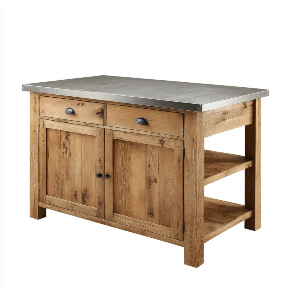 Isla de Cocina de Madera y Acero Inoxidable 120x60x90 cm - Natural - Almacenamiento Práctico