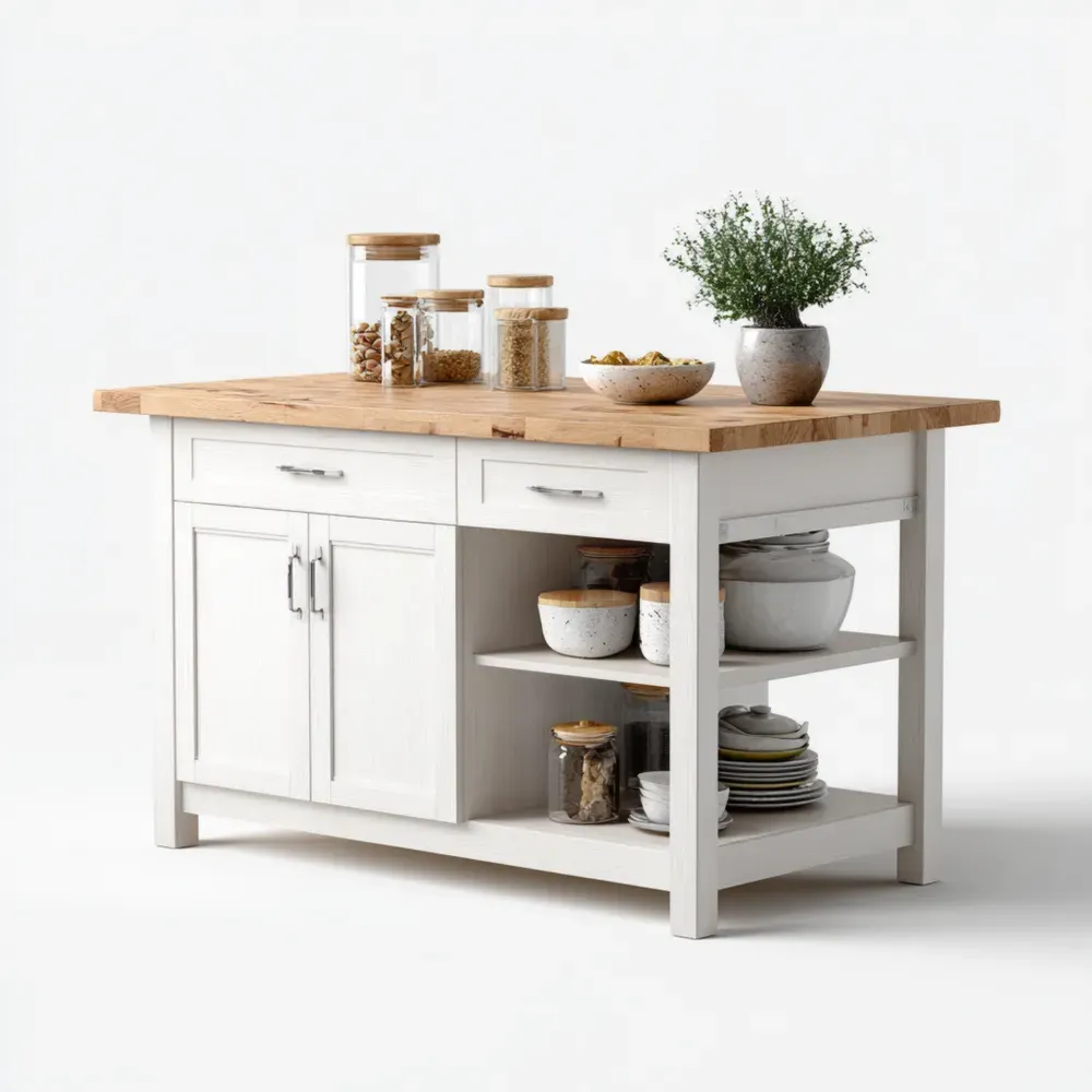 Isla de Cocina con Encimera de Madera 120x60x90 cm - Blanco/Madera - Almacenamiento Funcional