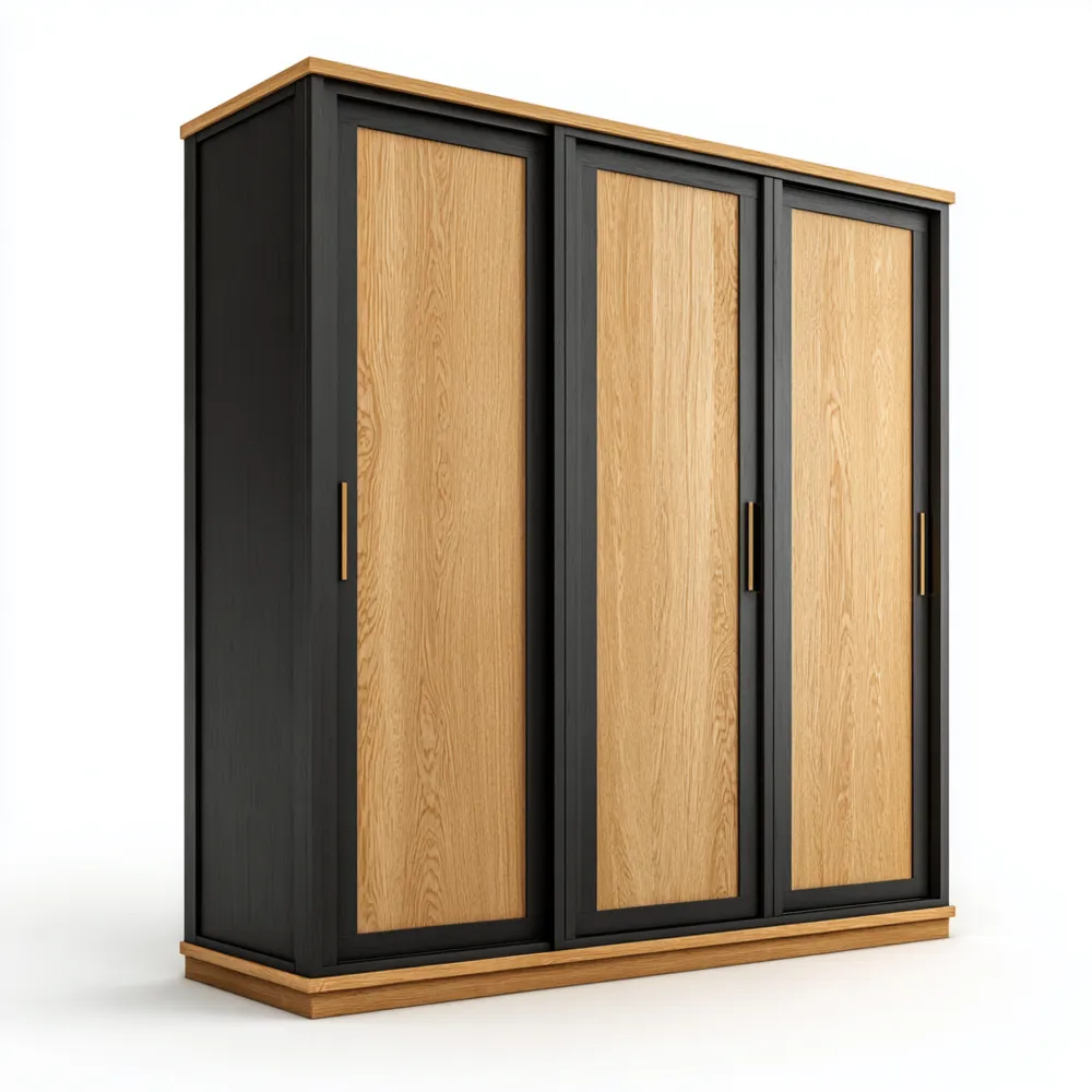 Armario de Madera 3 Puertas Correderas 150x60x210 cm - Negro y Roble - Diseño Moderno