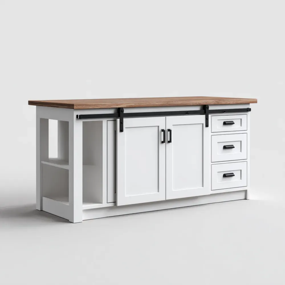 Isla de cocina de madera 180x90x95 cm con puertas correderas - Blanco y Marrón - Estilo contemporáneo