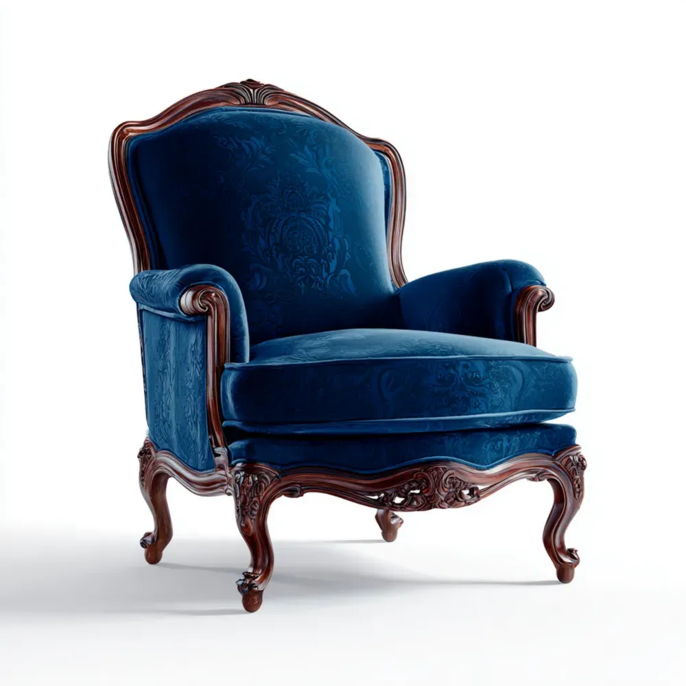 Sillón Clásico Tapizado en Terciopelo Azul 95x80x85 cm – Diseño Barroco