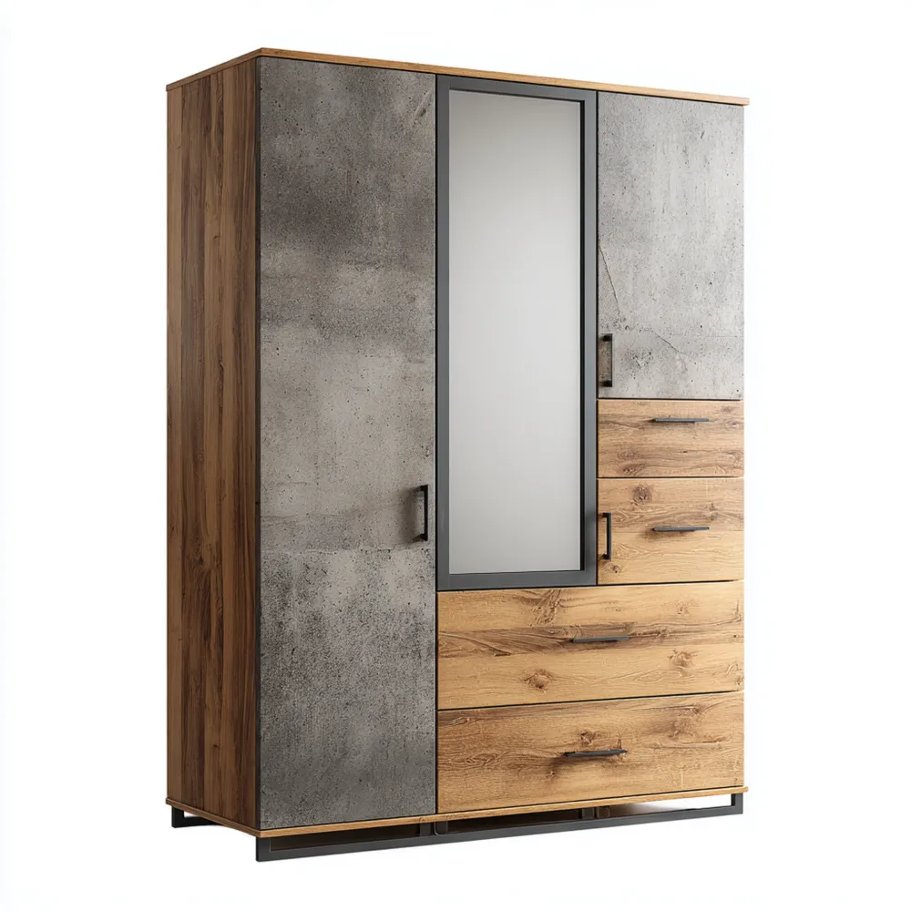 Armario de Madera y Metal con Espejo 150x60x200 cm - Madera Natural/Gris Cemento - Diseño Moderno