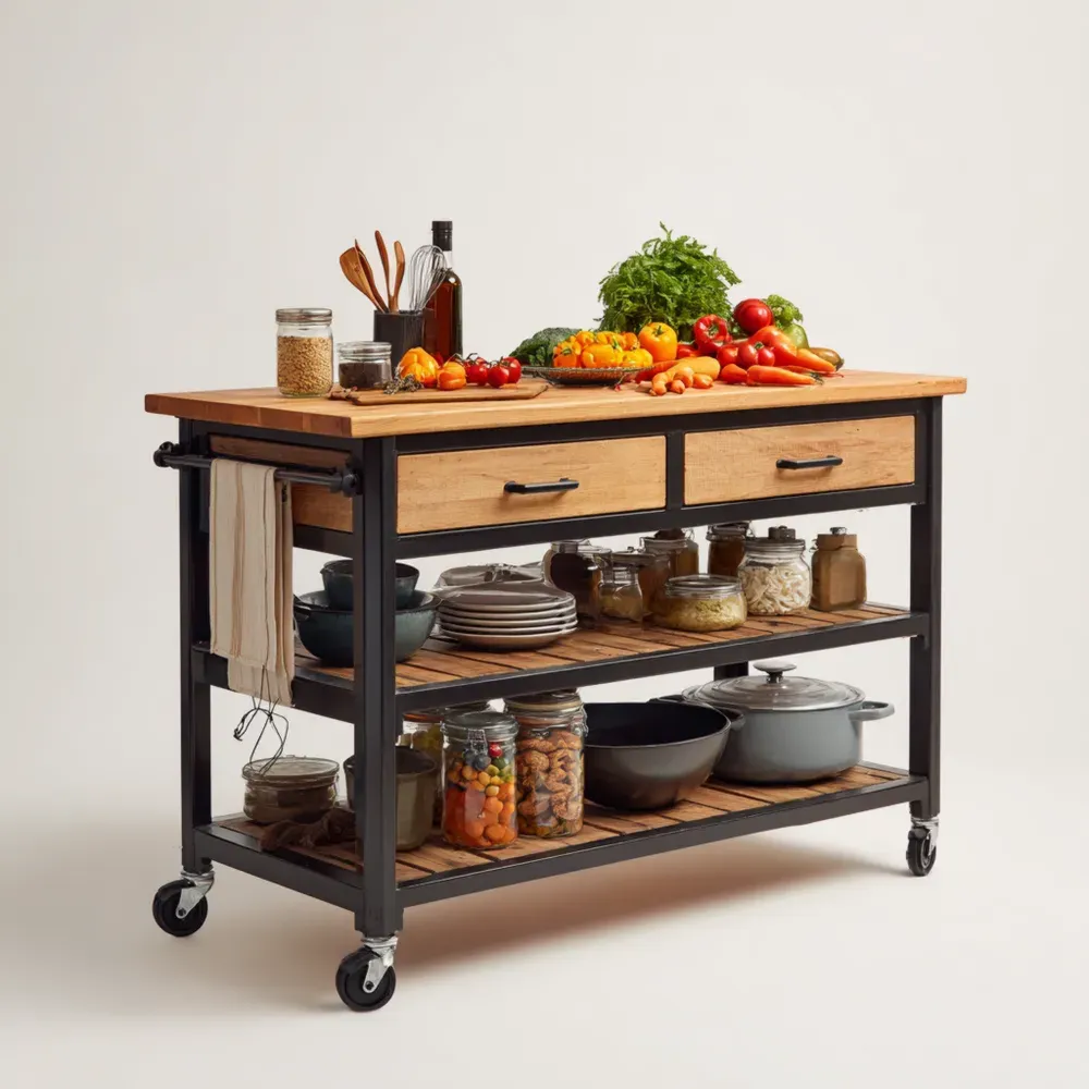 Carrito de Cocina Madera y Metal 120x60x90 cm - Natural/Negro con Ruedas
