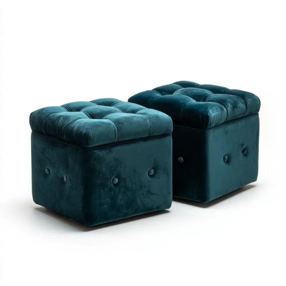 Taburete de Almacenamiento Acolchado 35x35x35 cm – Terciopelo Azul Oscuro – Diseño Moderno