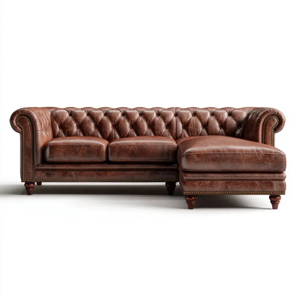 Sofá seccional de cuero 230x90x85 cm – Marrón – Estilo Chesterfield