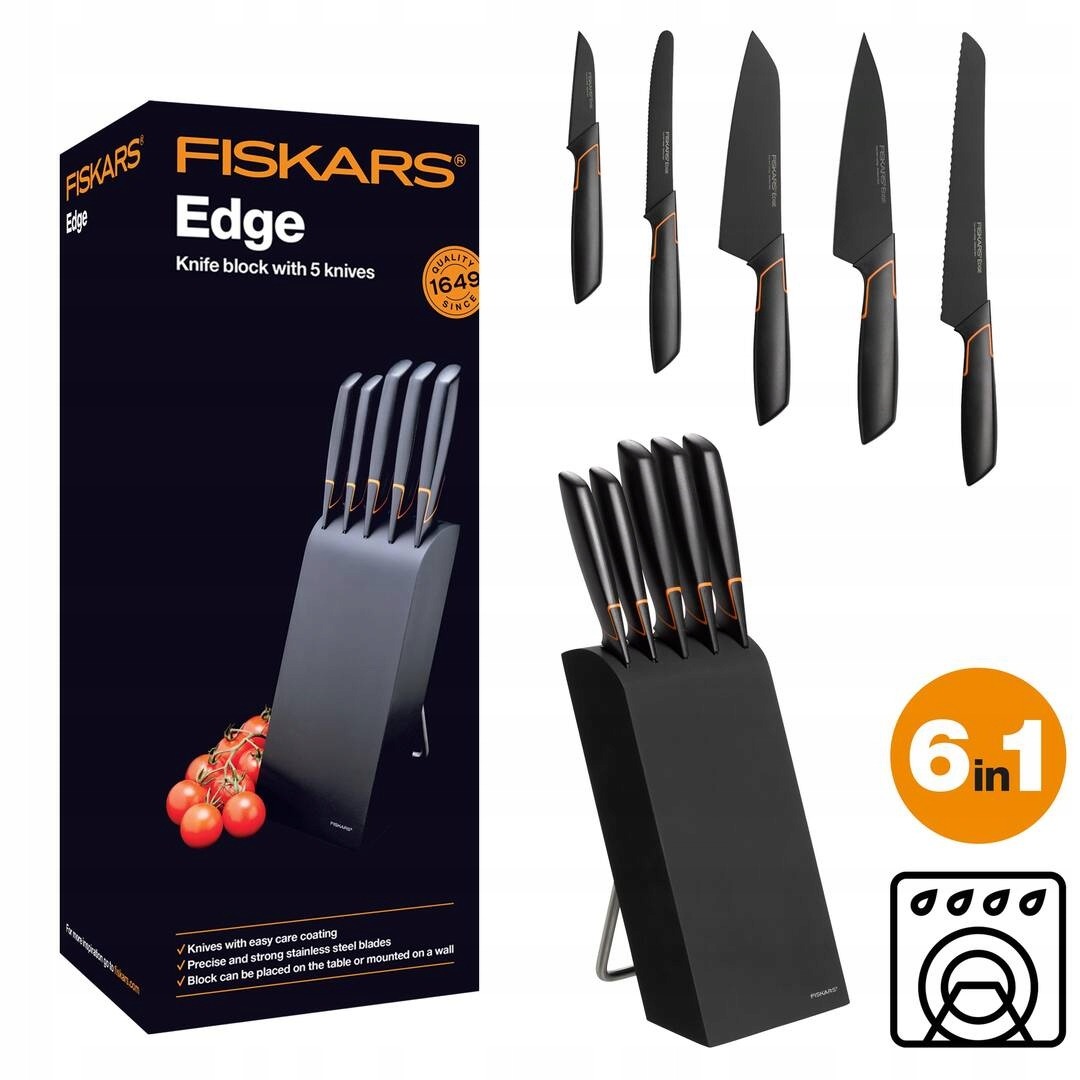 🍽️Omejena izdaja|  FISKARS® 5-DELNI KOMPLET NOŽEV V FISKARS EDGE BLOCKU, OSTRI KUHINJSKI NOŽ + KOMPLET ZA BRUSENJE