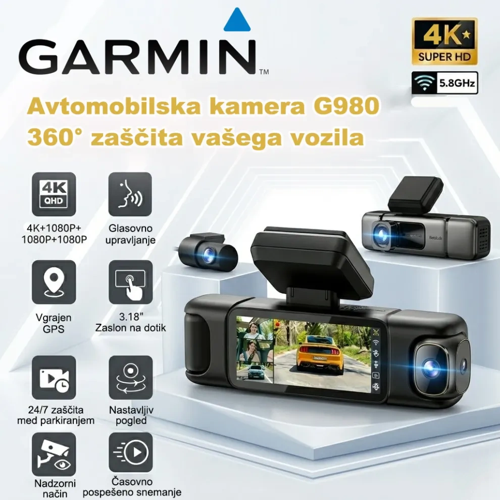 🚗 Garmin G980 pametna avtomobilska kamera | 360° panoramski nadzor za celodnevno zaščito vaše varnosti med vožnjo Opremljena s štirikamernim sistemom, 4K Ultra HD nočnim vidom, GPS sledenjem poti in AI glasovnim upravljanjem.